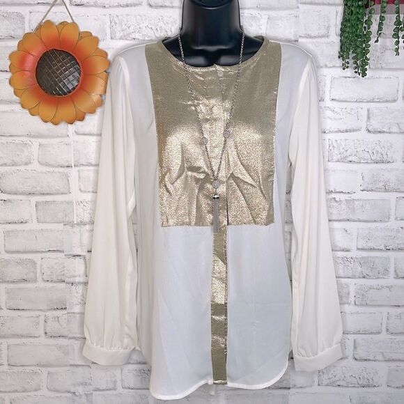 Express Sheer Gold Top Blouse Shirt Button Down Oversized Tunic Small Boho - Picture 2 of 9